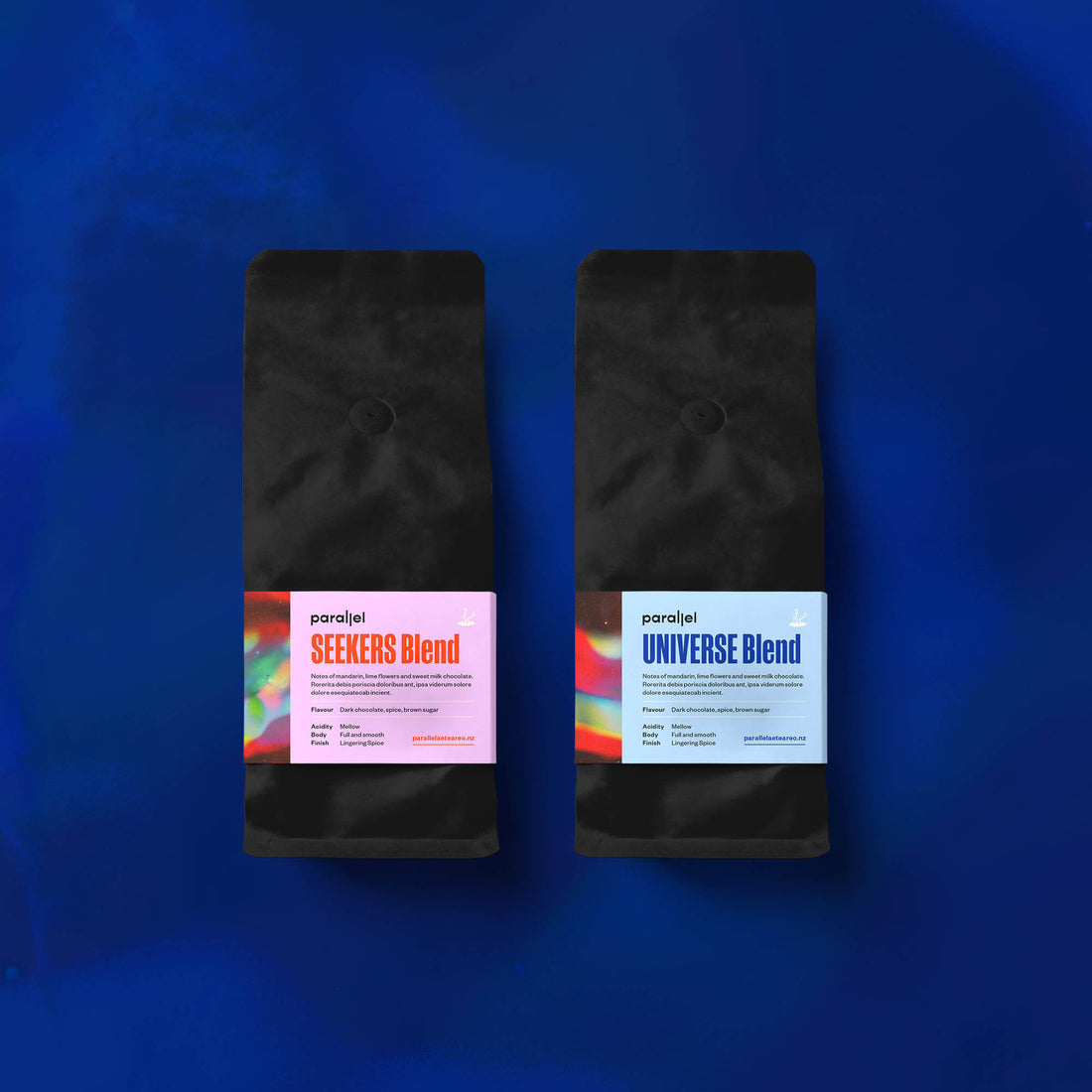 Brand designer portfolio image of Parallel coffee blend belly bands. The design features bold but easy to read typography and space supporting graphics.