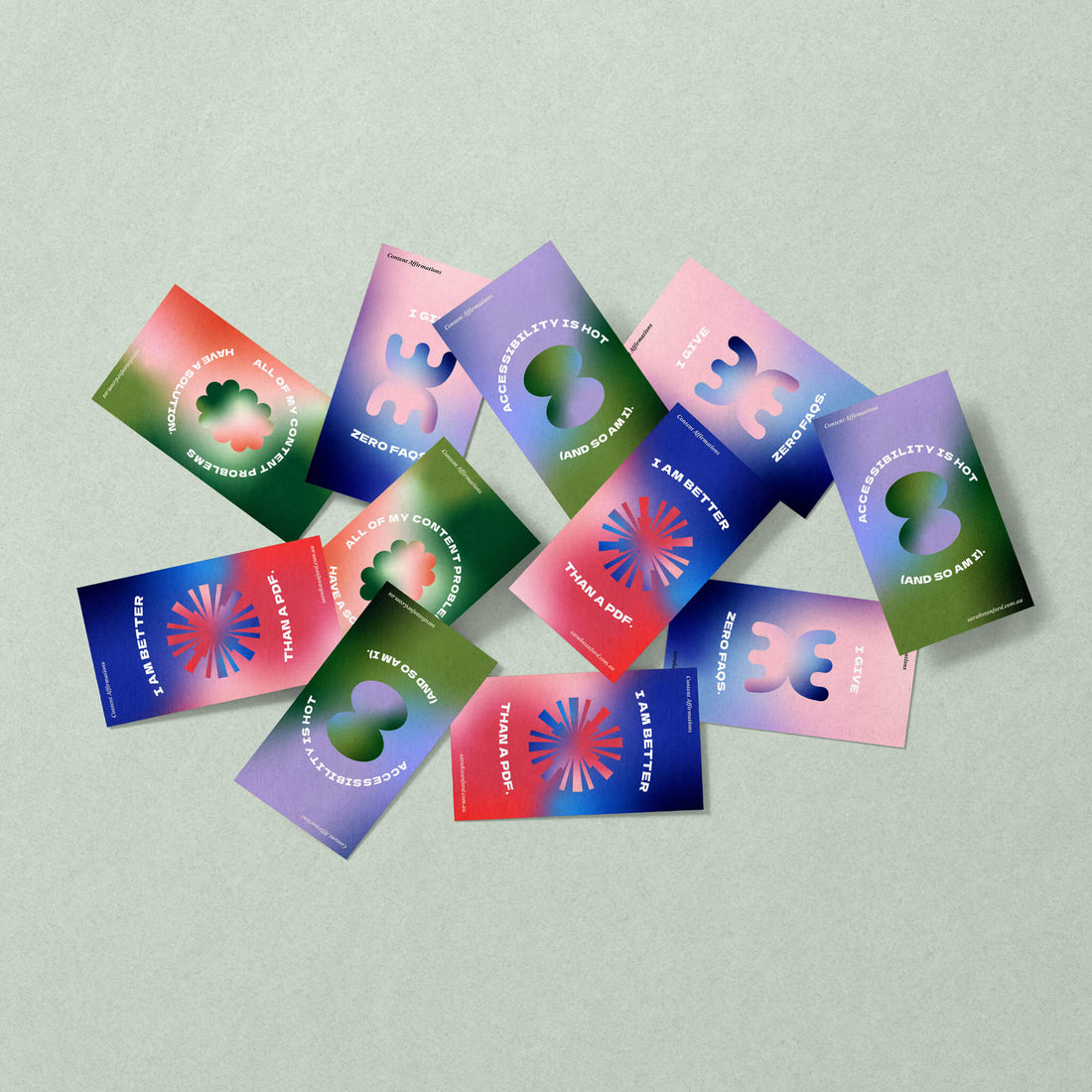 Strategist brand identity case study image of Sarah Stanford’s content affirmation cards. Featuring bold typography and mid-century inspired shapes, the gradient aesthetic cards serve as thank you notes.