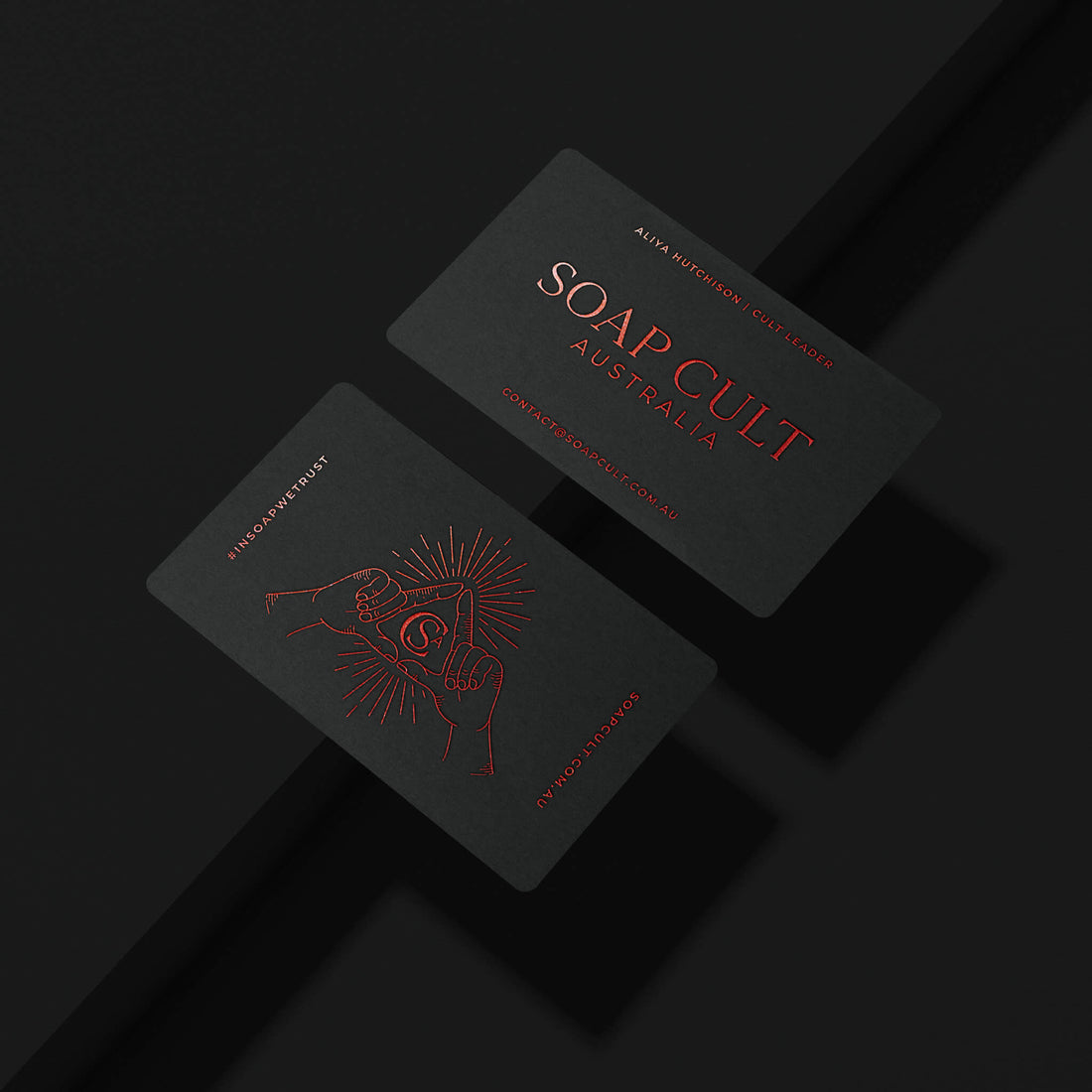 Soap Cult Australia business cards as the thumbnail of my brand design portfolio. The cards are a black stock and feature red metallic foiling.