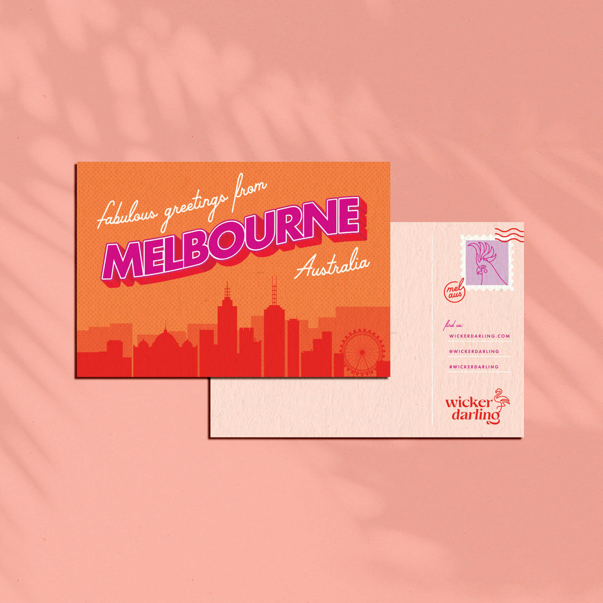 Brand designer portfolio example of the Wicker Darling custom thank you card design. The front of the card is inspired by a vintage postcard with the phrase ‘greeting from fabulous Melbourne’ alongside an orange illustration.