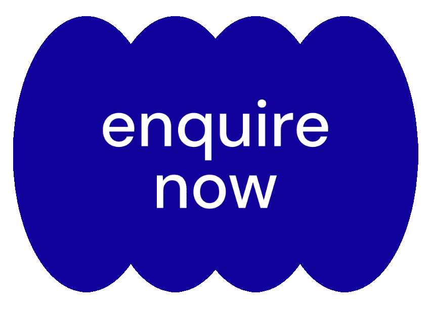A custom gif for brand designer Obscurio & Co.- a blue blobby shape shaking with the words 'enquire now' on it.