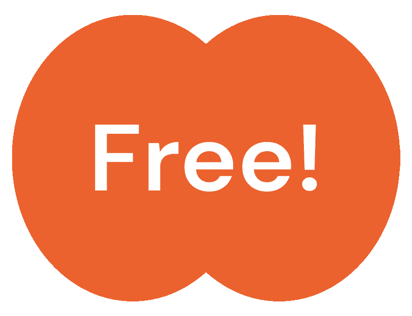 An orange blob shape gif wobbles with the words 'free!' in white
