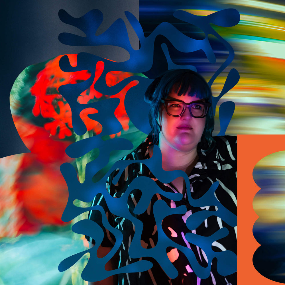 Blog artwork for the article "My Business Journey". A very colourful image has bright blue and red collage elements, green butterflies and the designer with a textured background.