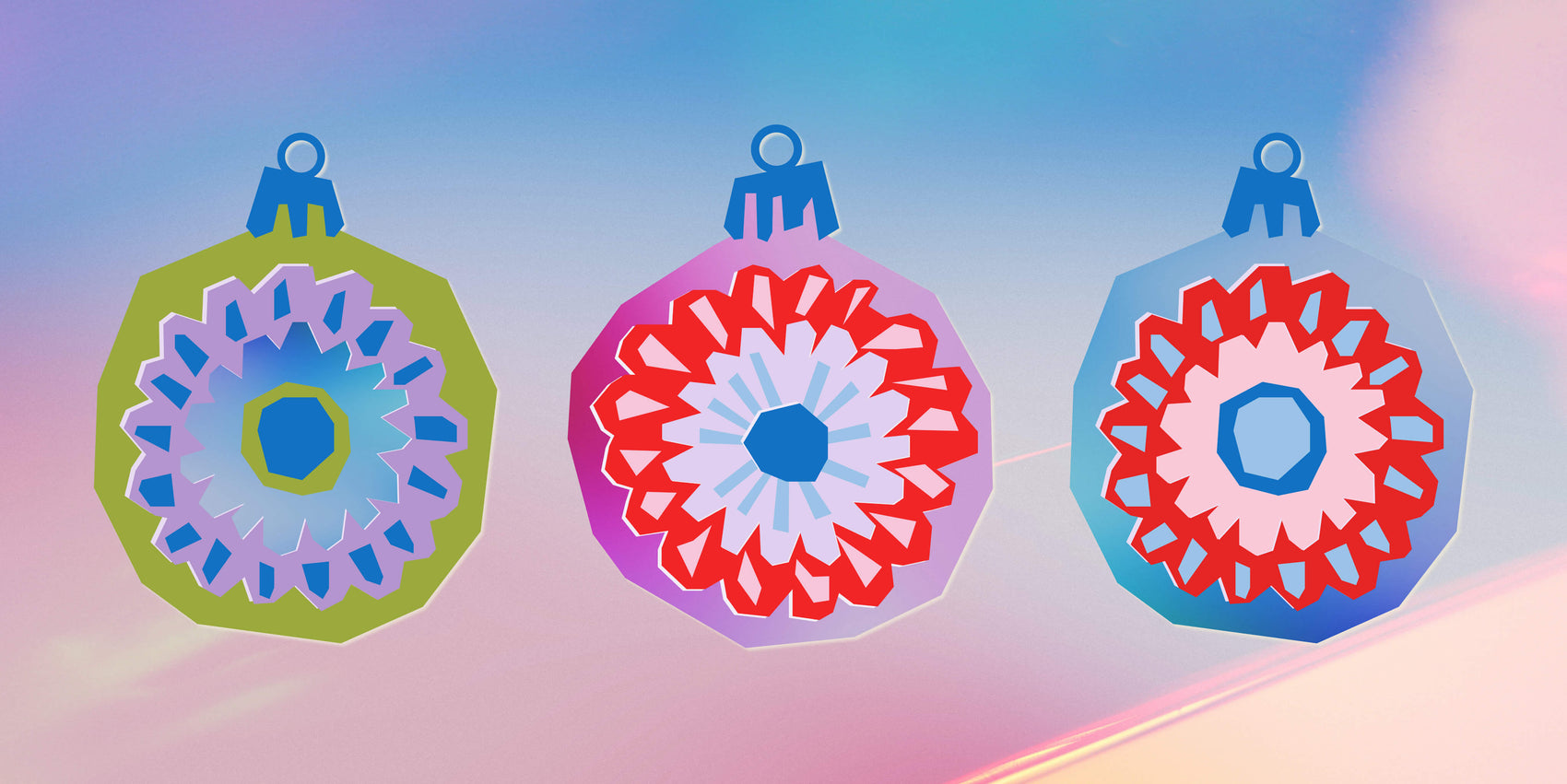 The feature image showcases some paper-inspired collages created for the StrangeGoods x Stash World collab. The baubles feature graphic shapes and gradients. 