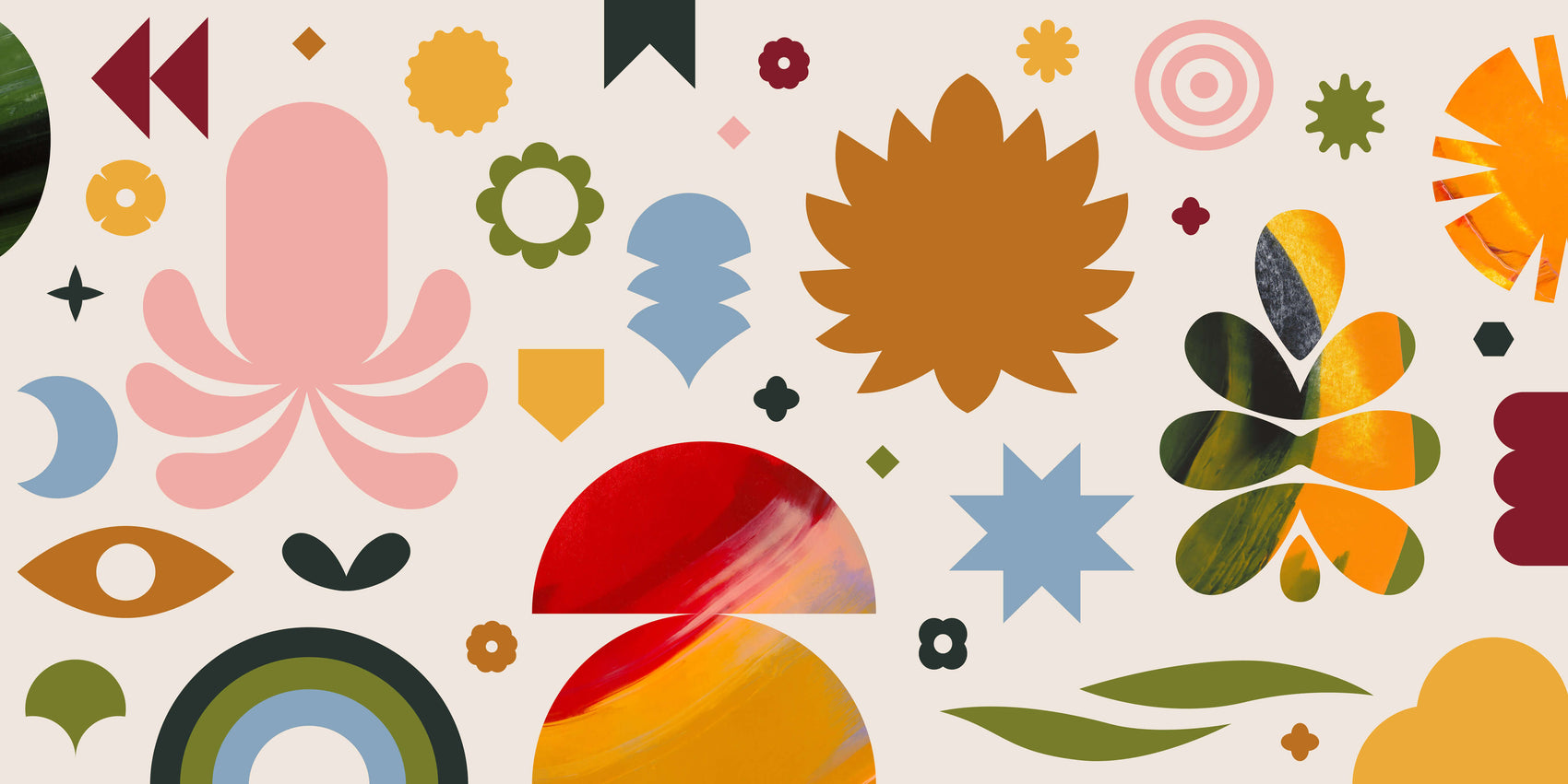 Brand identity case study image of the custom brand illustrations and supporting graphics created for the Anna Rogan Copywriter brand identity. The illustrations have a 1960s feel and feature Australiana aesthetic of native florals, geometric shapes and retro summer camp iconography. 