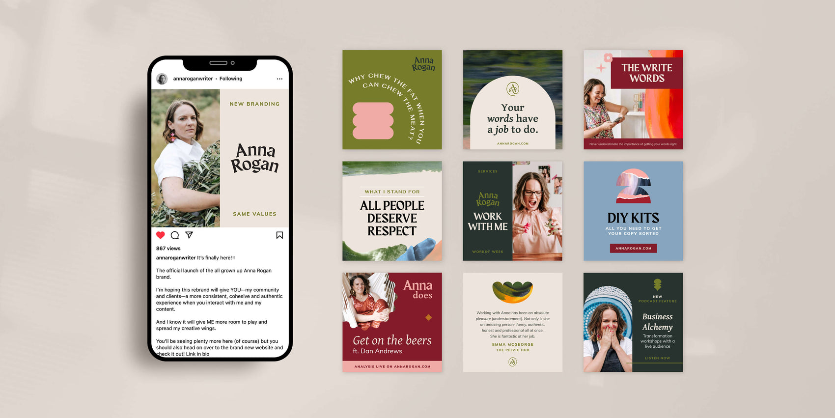 Copywriter brand identity case study image of Anna Rogan’s social media templates. The imagery shows the Australian inspired colour palette, paint support graphics and expressive typography. 