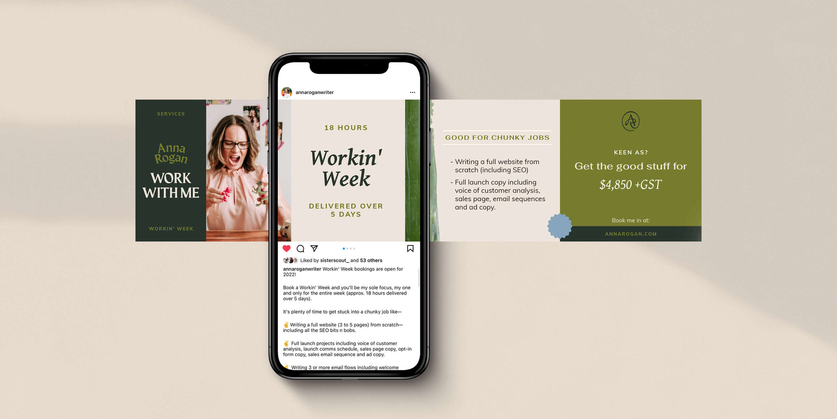 Brand identity case study image of one of the Anna Rogan custom social media templates for carousel posts. A post shares information about Anna’s services and blends brand photography with supporting graphics. 
