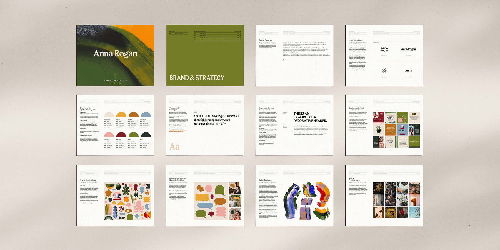 Brand designer portfolio image of Anna Rogan copywriter brand guidelines. This gives an overview of elements such as how to use typography, colour specifications, the range of illustration assets and photography standards. 