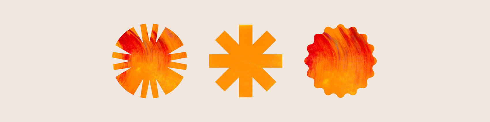 Copywriter brand identity case study of supporting graphics from Anna Rogan’s rebrand design. The three geometric flower motifs contain yellow and red paint textures.