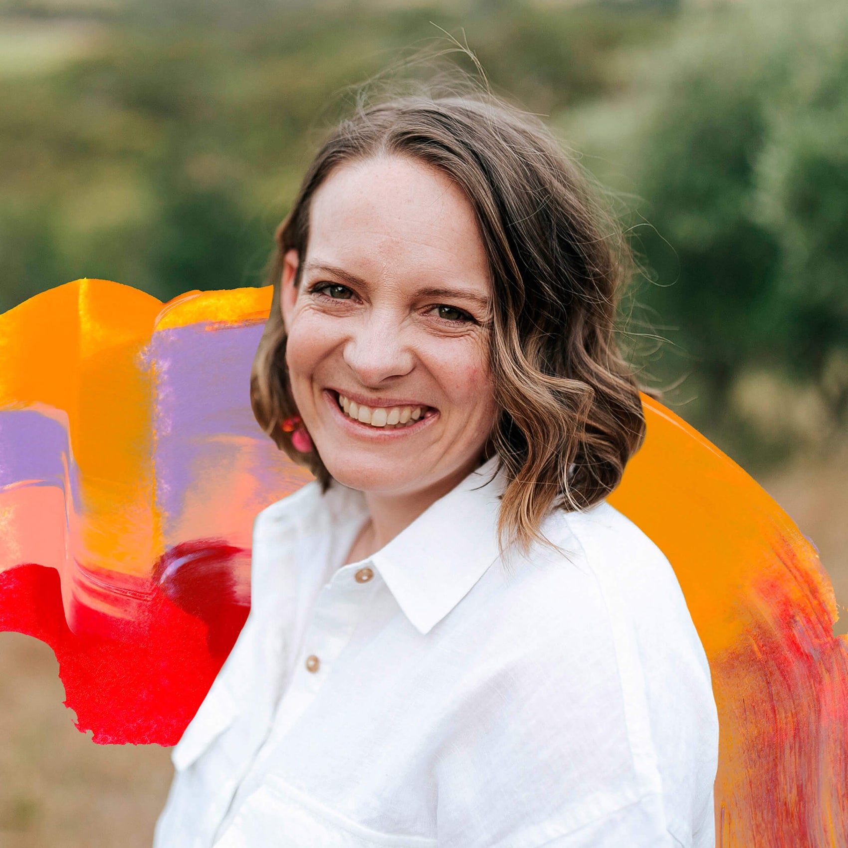 Brand design portfolio image of Anna Rogan with a painted background smear behind her as part of her copywriter brand supporting elements. Created for Anna Rogan’s custom brand identity design. 