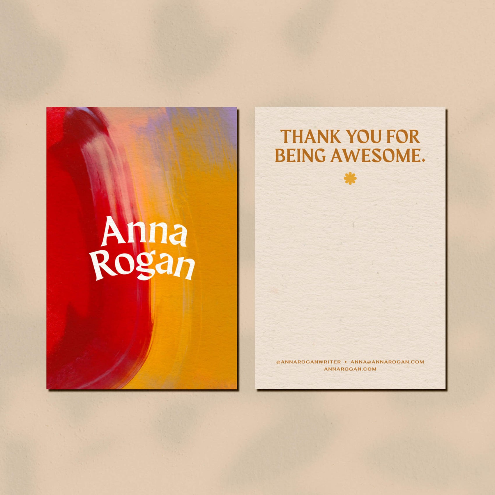 Brand design portfolio image of Anna Rogan’s custom thank you cards. The front image features the brand logo on a red, yellow and purple painted background while the back features room for a message and the phrase ‘ that you for being awesome’.