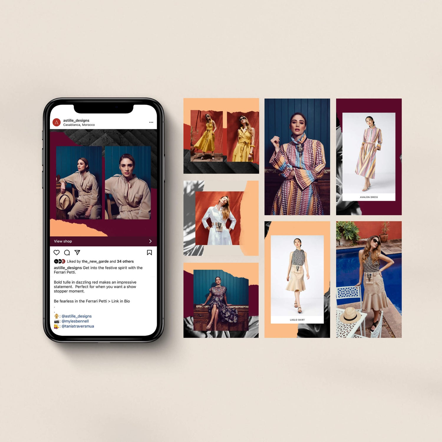 Brand design portfolio image of some Astille social media posts. The story, carousel and static Instagram designs feature torn paper textures and a warm spice-coloured palette. 