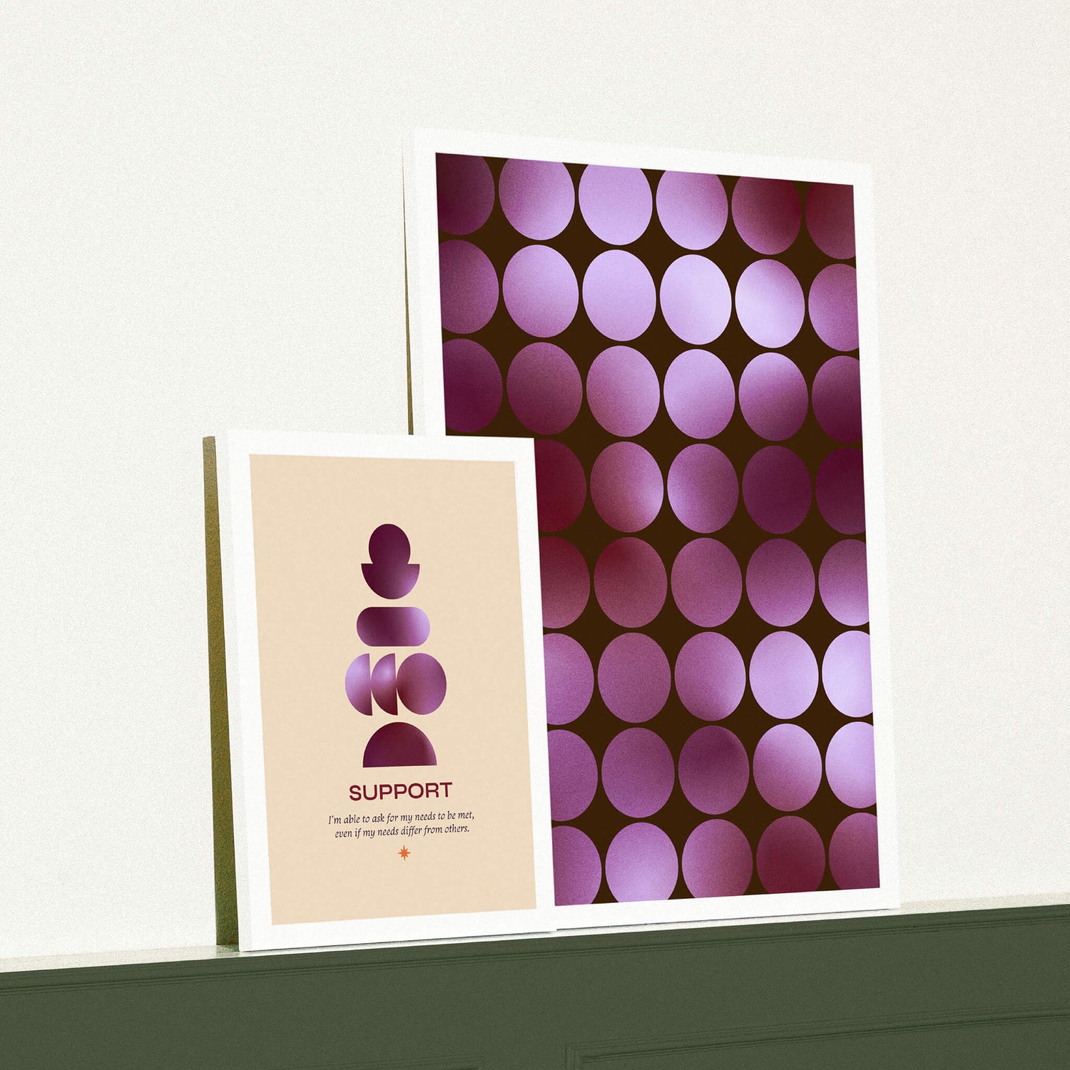 Moody psychologist brand identity case study image for Autistry featuring wall art mock-ups set on a white and green wall. The geometric 1960s inspired brand patterns in shades of purple gradient are designed to be waiting room decor and demonstrate the brand.