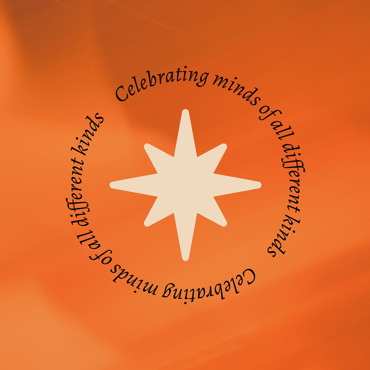 Retro 1960s rebranding case study image shows the colourful psychologist branding for Autistry. On a bold orange background sits the brand icon (a cream star) and the phrase ‘celebrating minds of all different kinds’ in a quirky serif font.