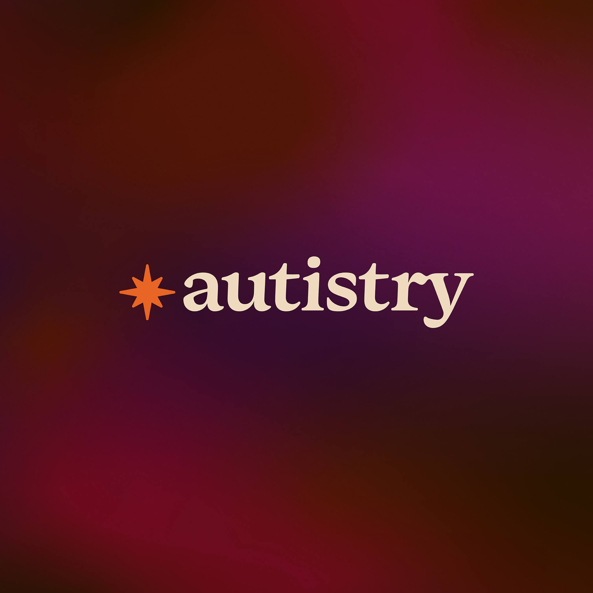 Colourful psychologist branding case study image shows the Autistry retro inspired logotype on a purple and brown gradient texture. The retro chunky serif logo is in cream and with an orange ‘north star’ appearing at the front of the brand logo.