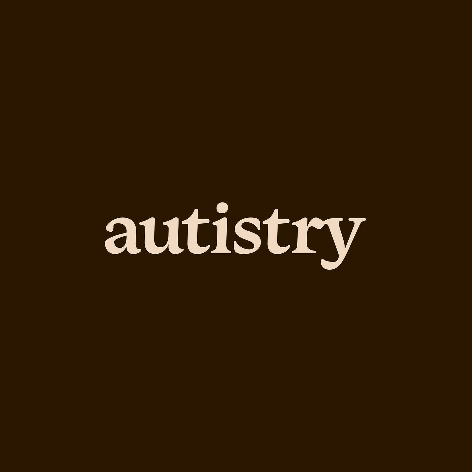 Autumn colour palette brand designer portfolio image for Autistry shows the minimal logotype. On a rich chocolate brown background, the clean vintage inspired logo design features a serif logo with soft edges. 