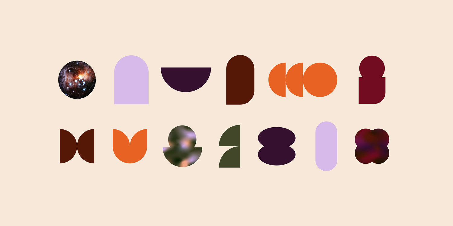 Colourful Retro 1960s branding case study image showing the Autistry psychologist brand patterns. These geometric shapes are able to be recoloured in the warm autumn retro colour palette and can also house the moody brand gradients. 