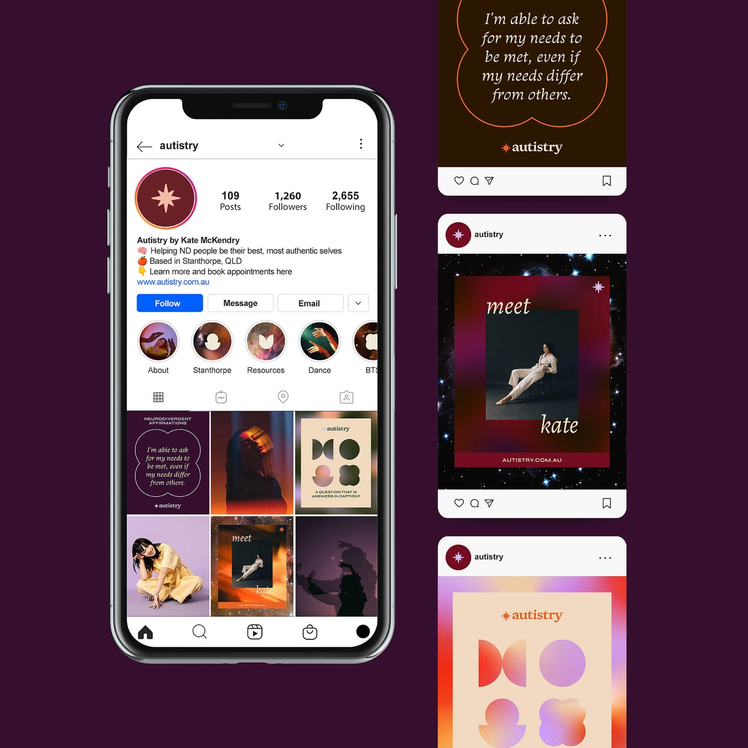 Retro psychologist branding case study image showing the Autistry psychologist brand identity mapped onto custom social media template designs. The custom canva template designs feature a moody dark colour palette alongside retro space inspired supporting graphics. 