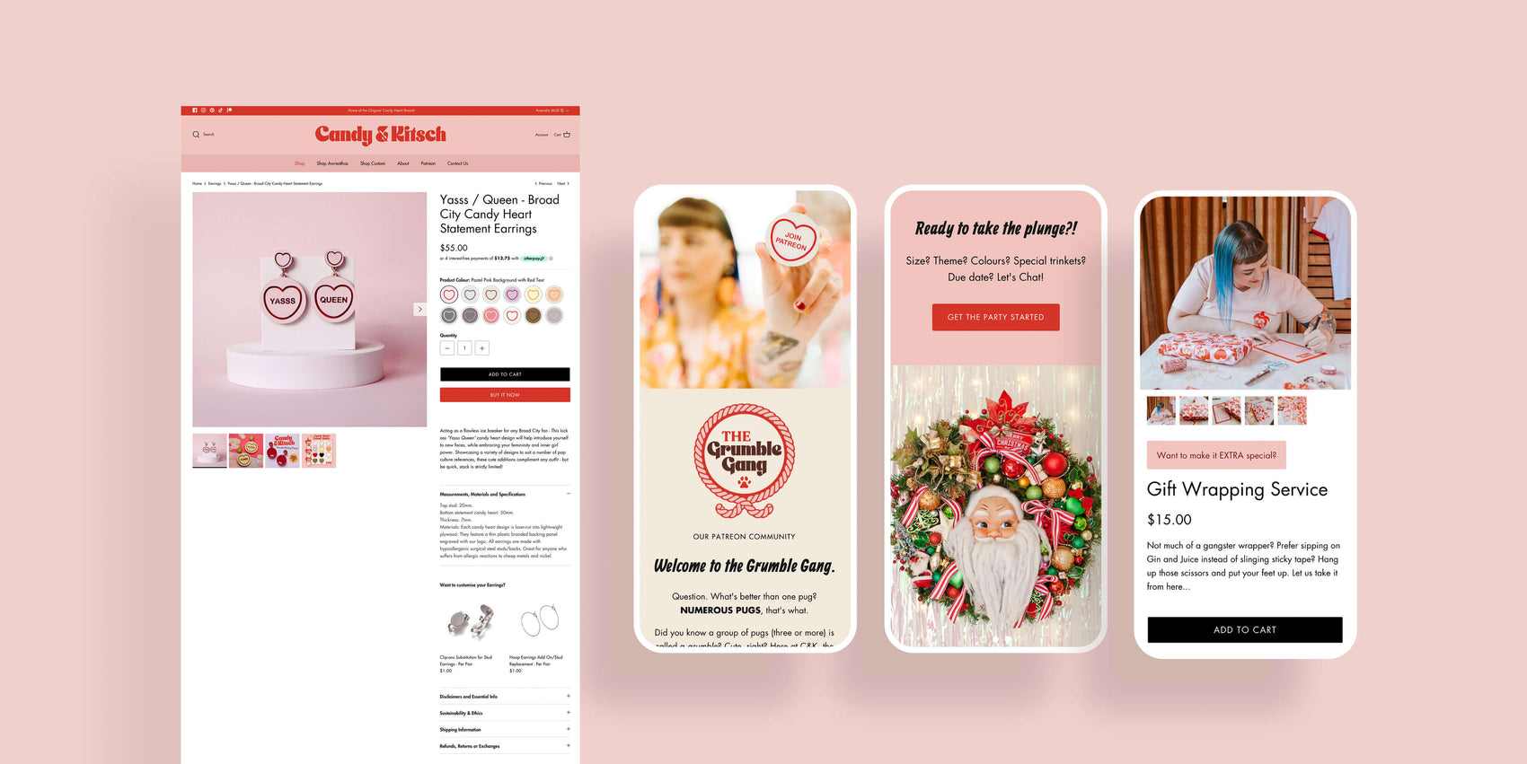 Colourful Shopify case study image of some of Candy & Kitsch’s product and content pages on desktop and mobile. 