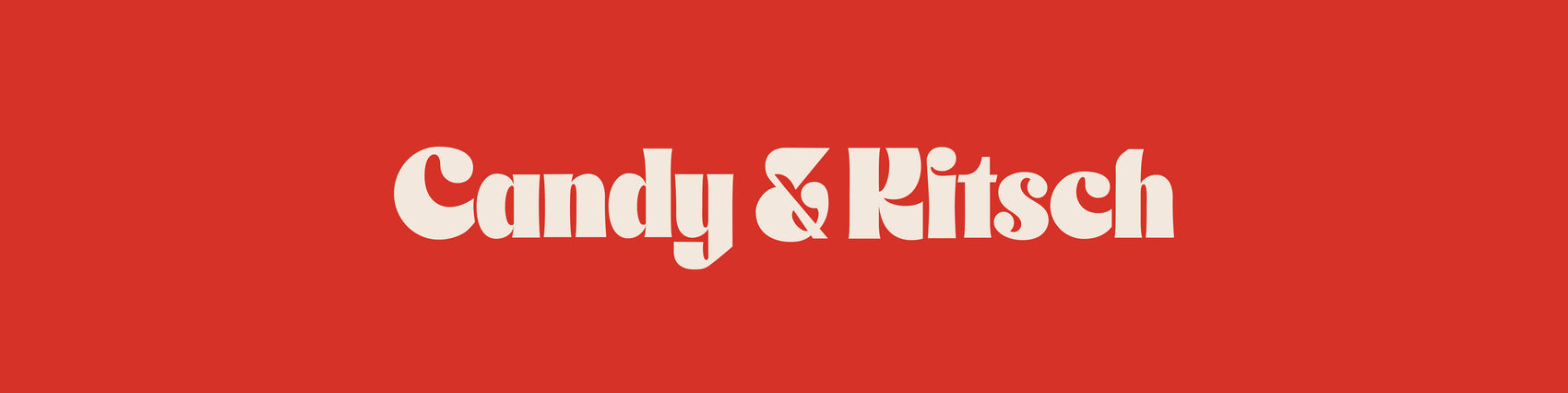 Colourful Shopify portfolio image of the Candy & Kitsch logo in cream on a bright red background. 