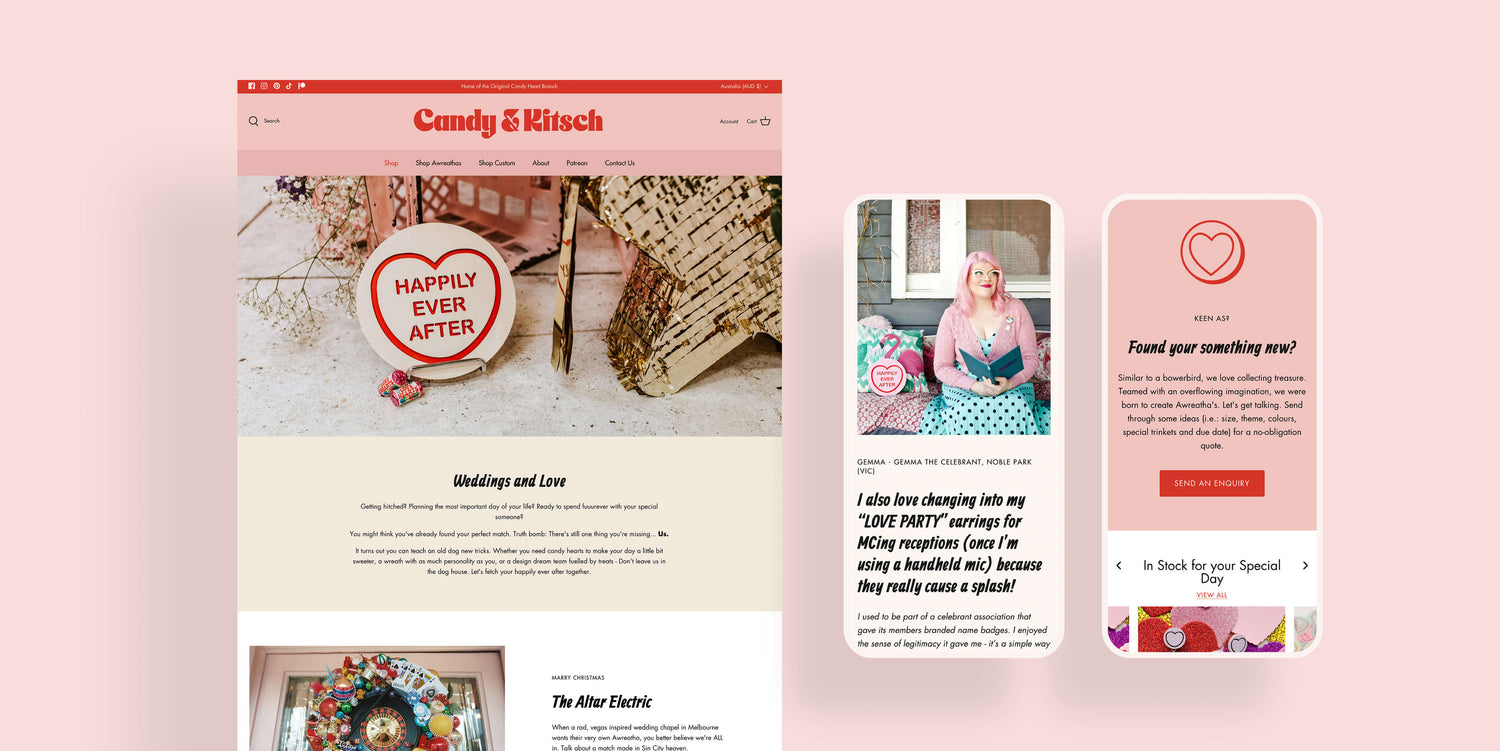 Brand identity case study image of some of Candy & Kitsch’s wedding content pages on desktop and mobile. 