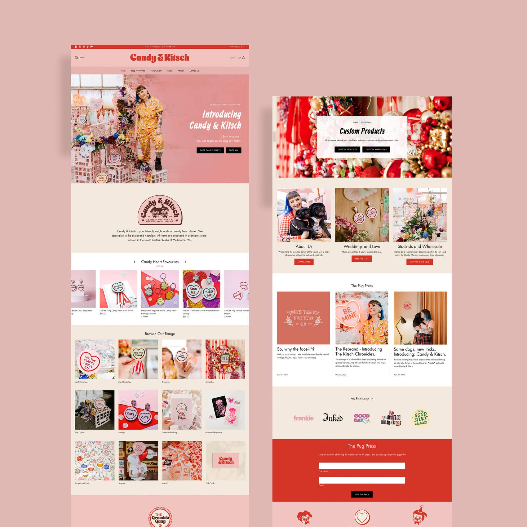 Brand identity case study image of Candy & Kitsch’s homepage of their Shopify website. The layout features many sections and showcases the bright brand colours and consistent photographic style. 