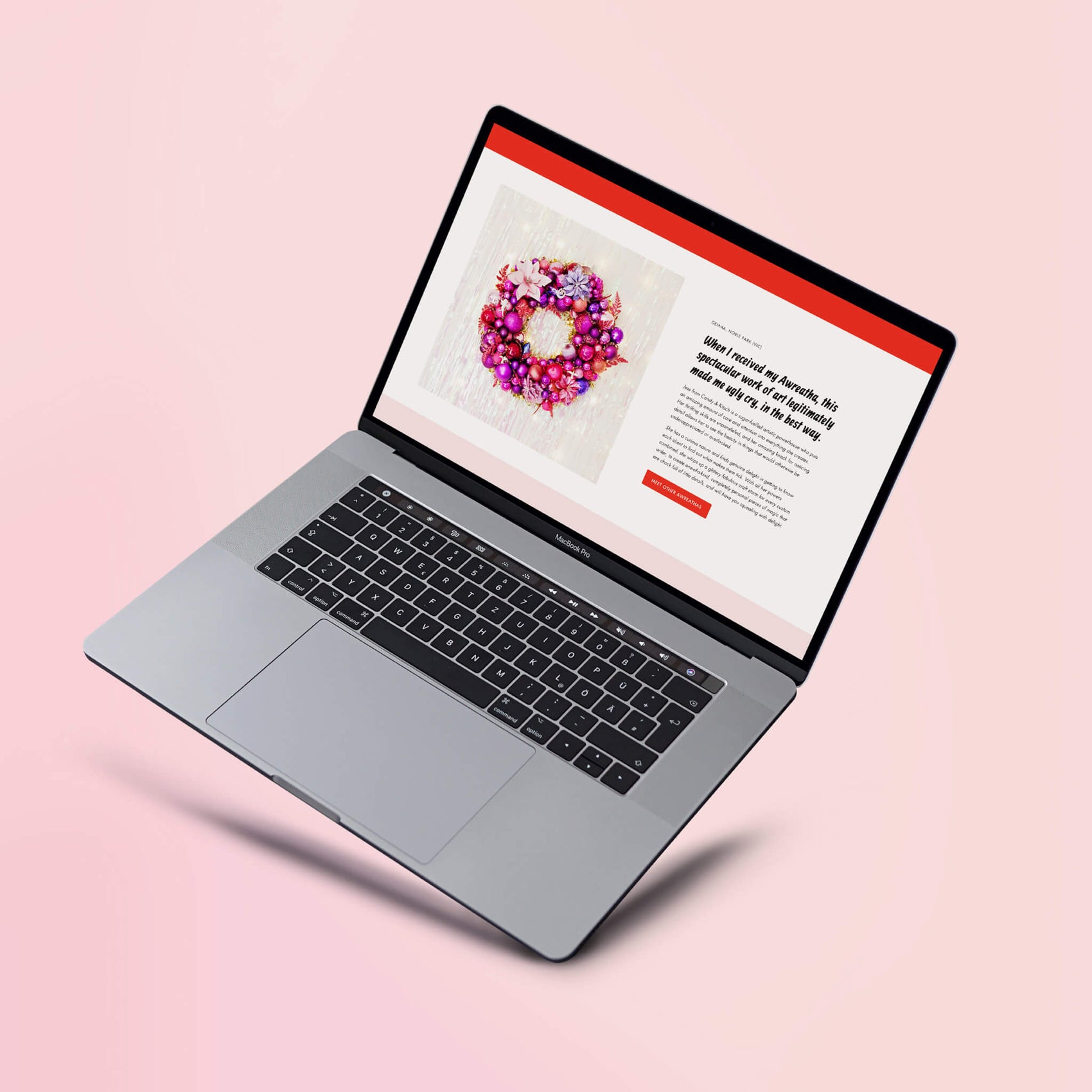 Colourful Shopify case study image of one of Candy & Kitsch’s testimonial image on the website. A laptop sits in a pink background. 