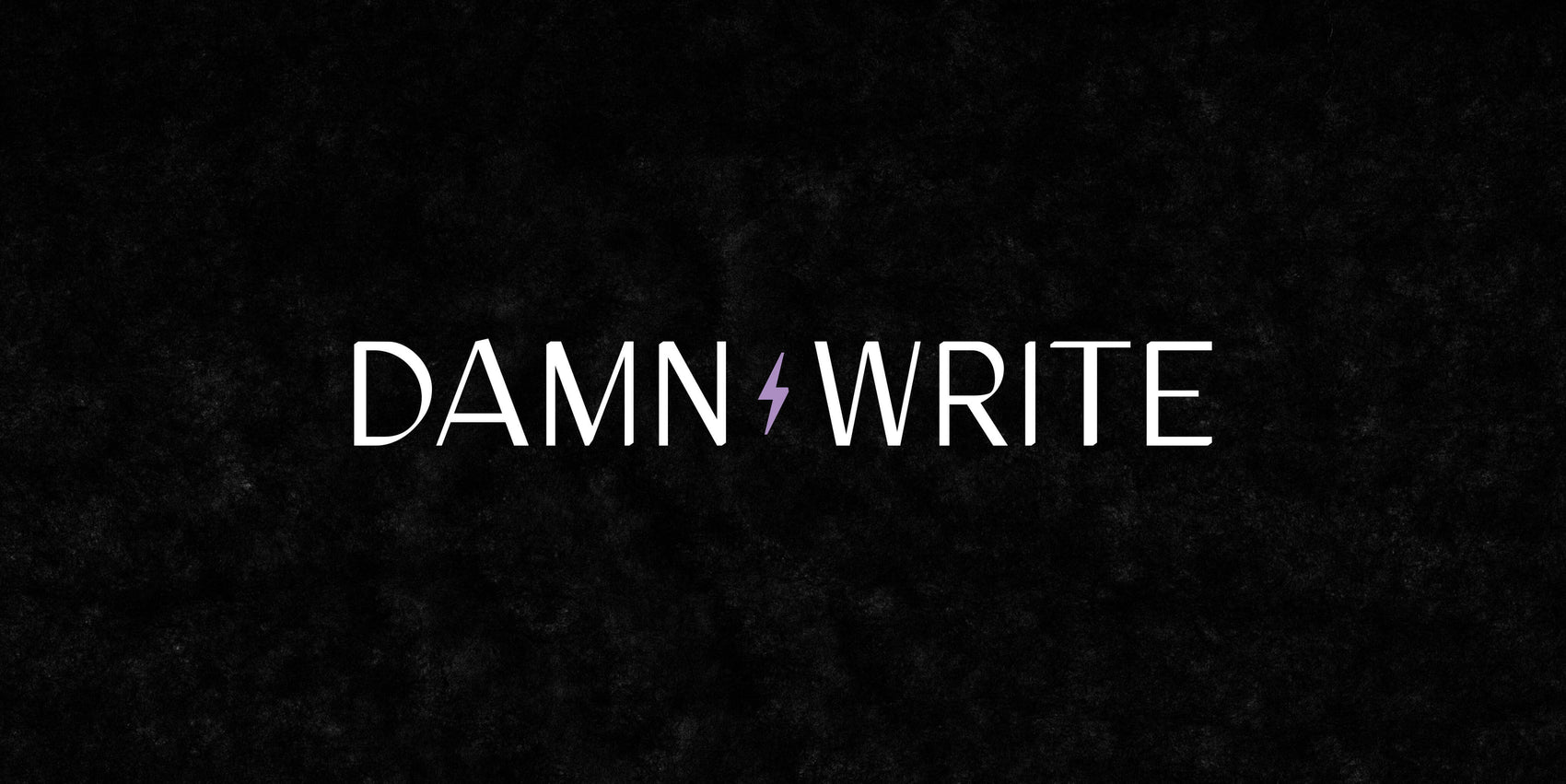 Copywriter brand design examples image of the Damn Write custom logo design. On a black background the angular, calligraphy inspired branding sits in white with a lilac lightning icon between the two words. 