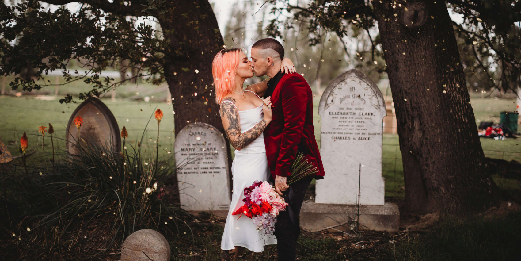 Ethical brand design portfolio banner featuring brand photography for Eco Confetti. A punk-styled couple kiss in a graveyard, gold glitter-y confetti surrounding them. 