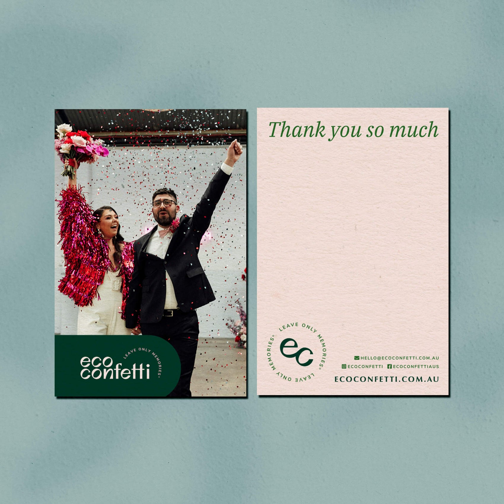 Sustainable brand design portfolio image of the Eco Confetti thank you cards. The front image features a couple and the brand logo while the back features contact information and space for a message. 