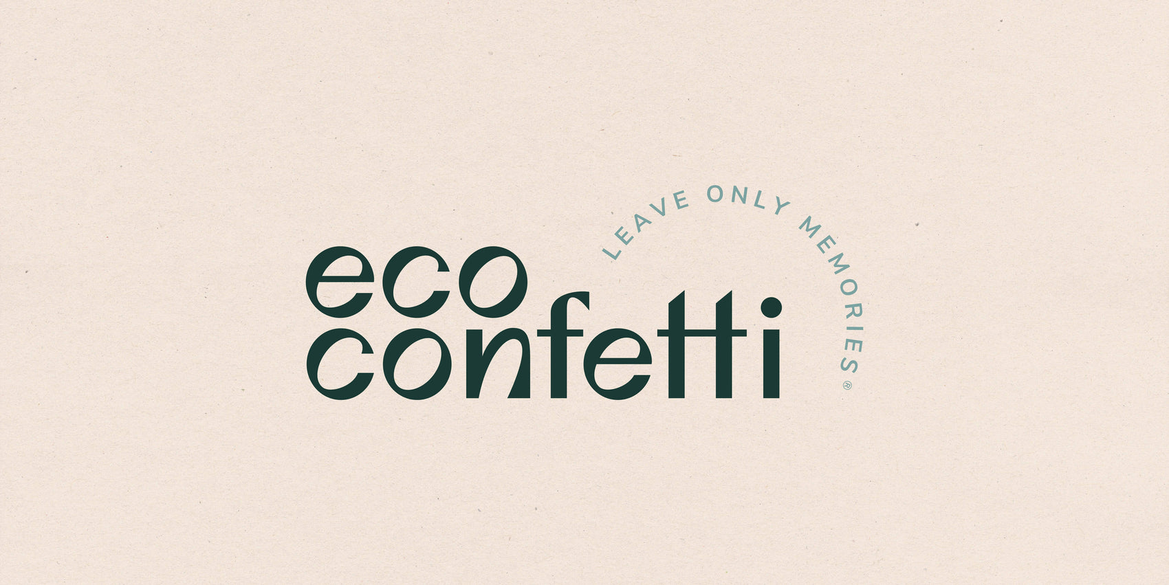 Sustainable rebranding case study image of the Eco Confetti logo on a cream coloured background. The lower-case sans-serif logo features rounded styling inline with a retro Italian feel with the brand tagline ‘leave only memories’ arching above it.