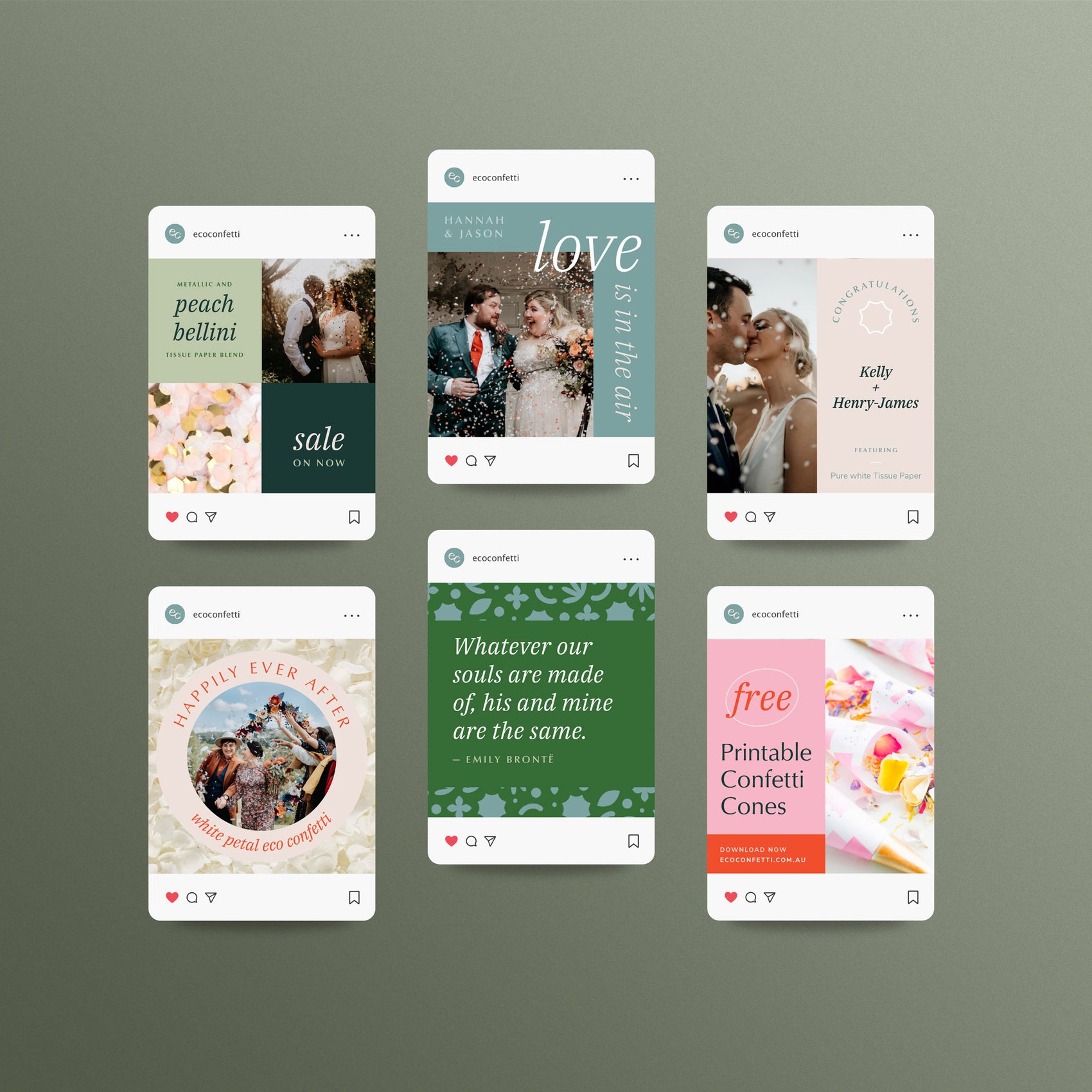 Sustainable brand identity case study image of Eco Confetti’s social media templates. The imagery shows the minimal colour palette and elegant typography. 