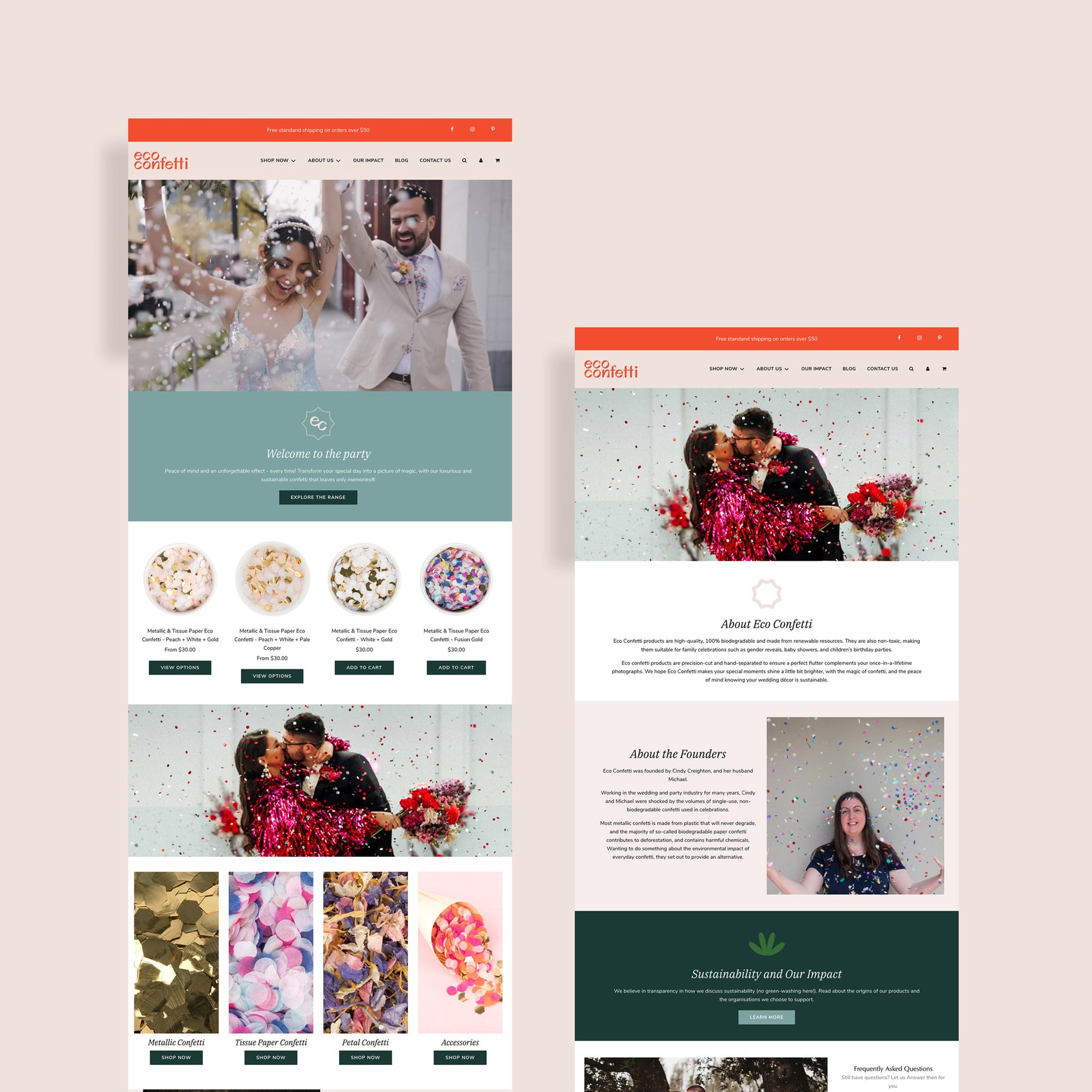 Sustainable brand identity case study image of Eco Confetti’s homepage and about page of their Shopify website. The layout features many sections and showcases the bright brand colours and consistent photographic style. 