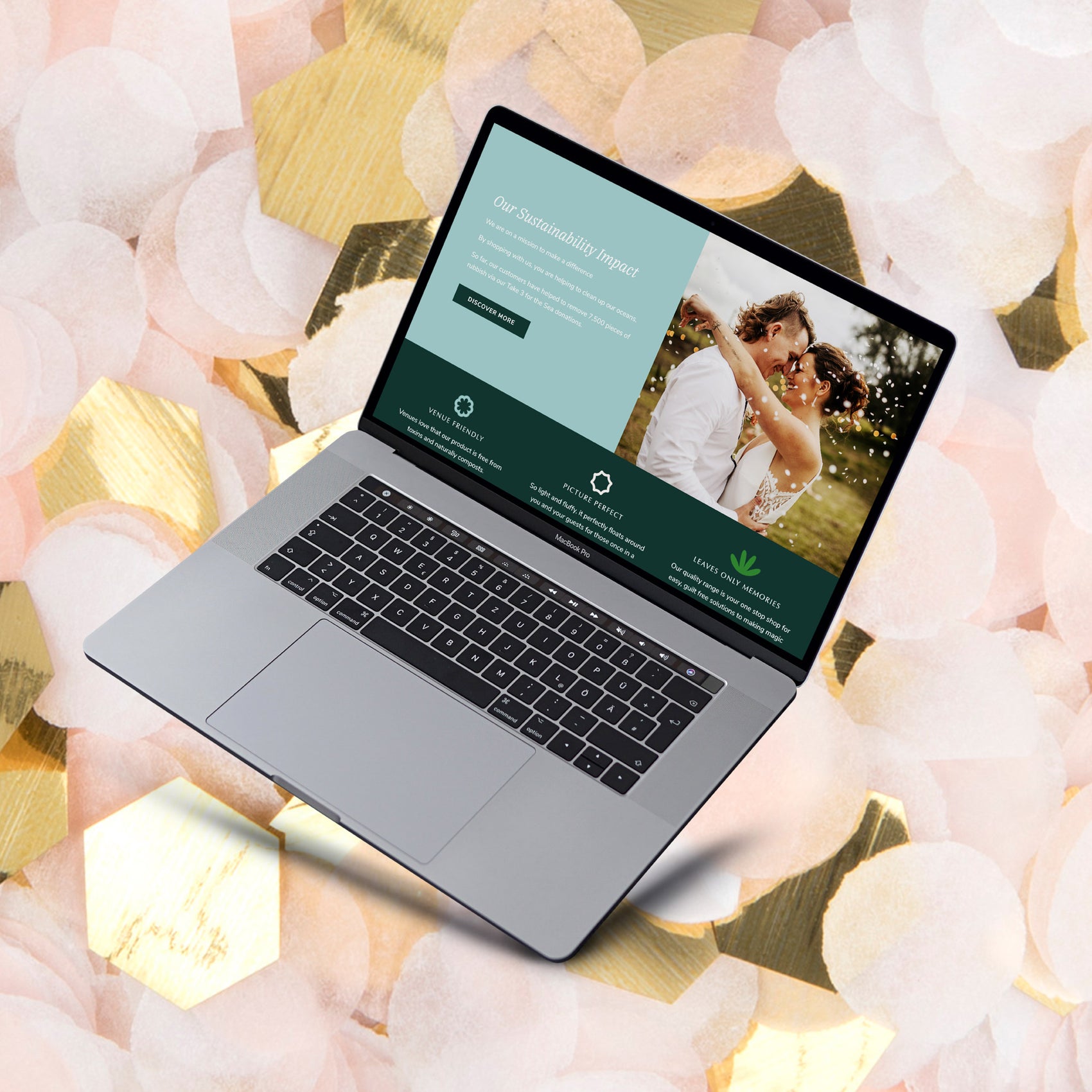 An image from the Eco Confetti rebrand sits on a macbook view of their website. The laptop is floating in a background of confetti and the design features bright blue and green tones with brand icons and aligned photography. 