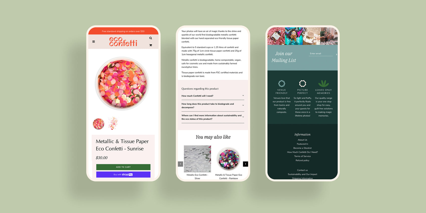 Sustainable brand identity case study image of some of Eco Confetti’s product pages on mobile. 