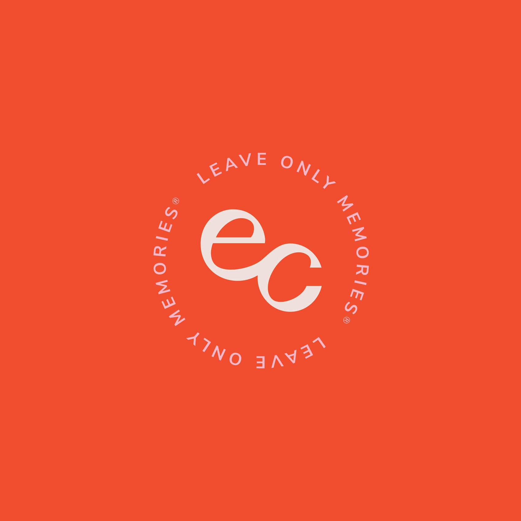 Rebranding case study image of the Eco Confetti brand seal. An interlinked ‘e’ and ‘c’ are surrounded with ‘leave only memories’ arranged in a circle on a bright orange background. 