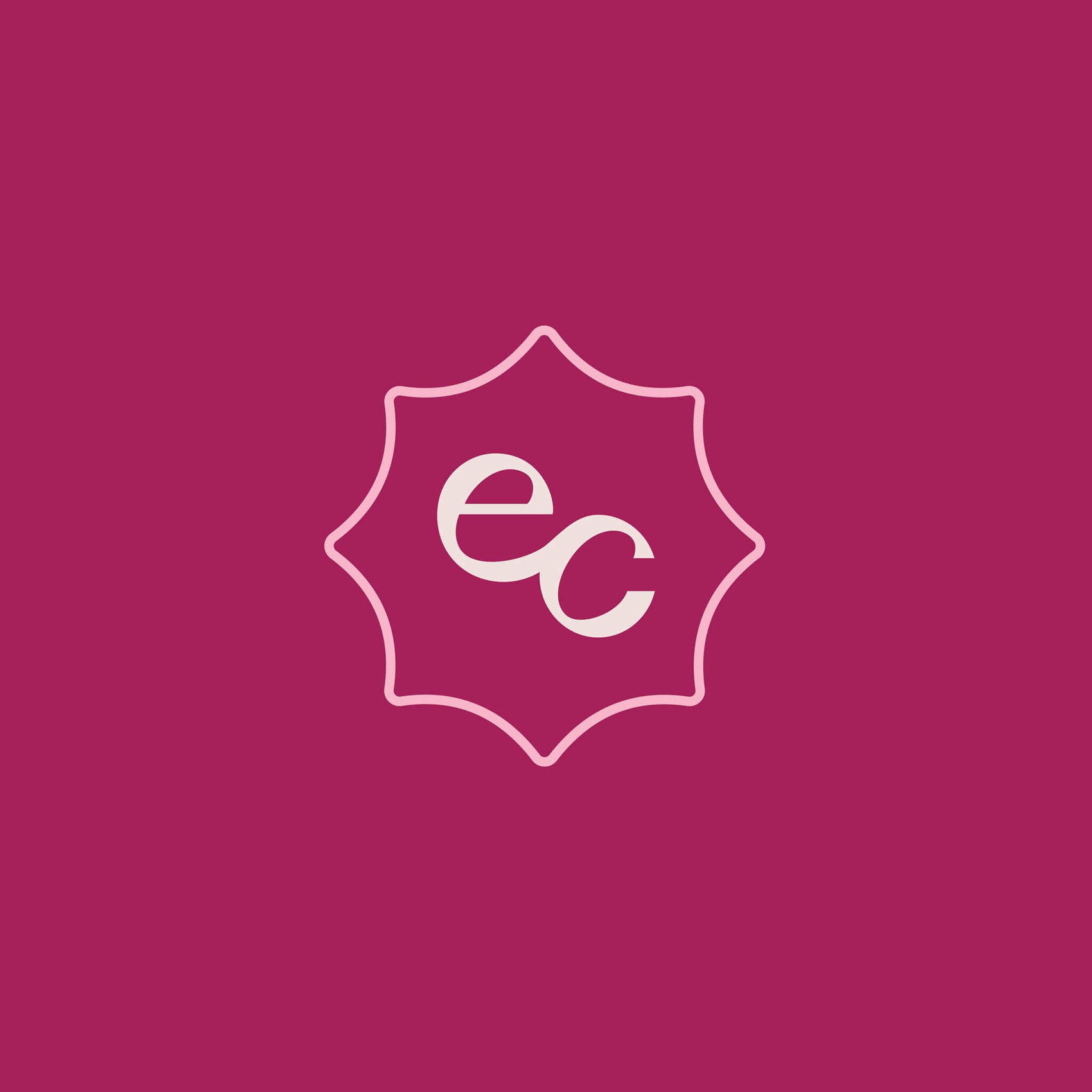 Sustainable rebranding case study image of the Eco Confetti brand icon. An interlinked ‘e’ and ‘c’ appear in cream and light pink on a deep berry background. 