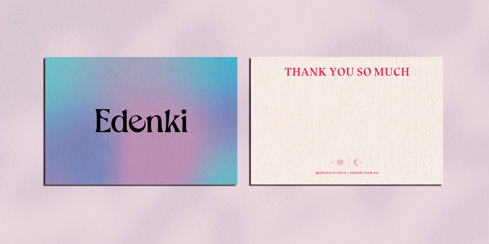 Brand design portfolio image of the Edenki thank you cards. The front image features the Edenki logo in black and a purple, pink and blue gradient. The back of the card is mostly blank for a written message with pink detailing.