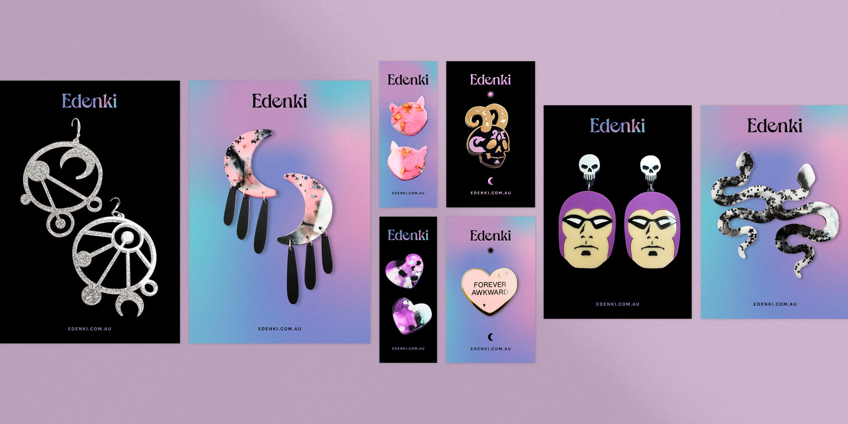 Maker rebranding case study image of the range of Edenki backing cards. A variety of sizes (for large, medium and small pieces, as well as enamel pins) feature either a black or gradient background to best suit a variety of pieces. 