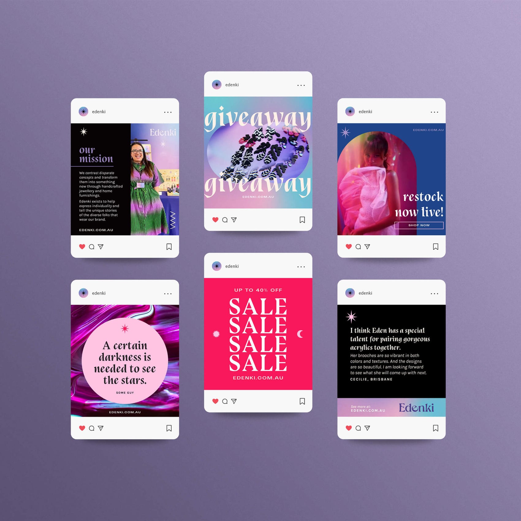 Maker brand identity case study image of Edenki’s social media templates. The imagery shows the brand gradients and resin textures, black-centric design with pops of bright jewel tones.