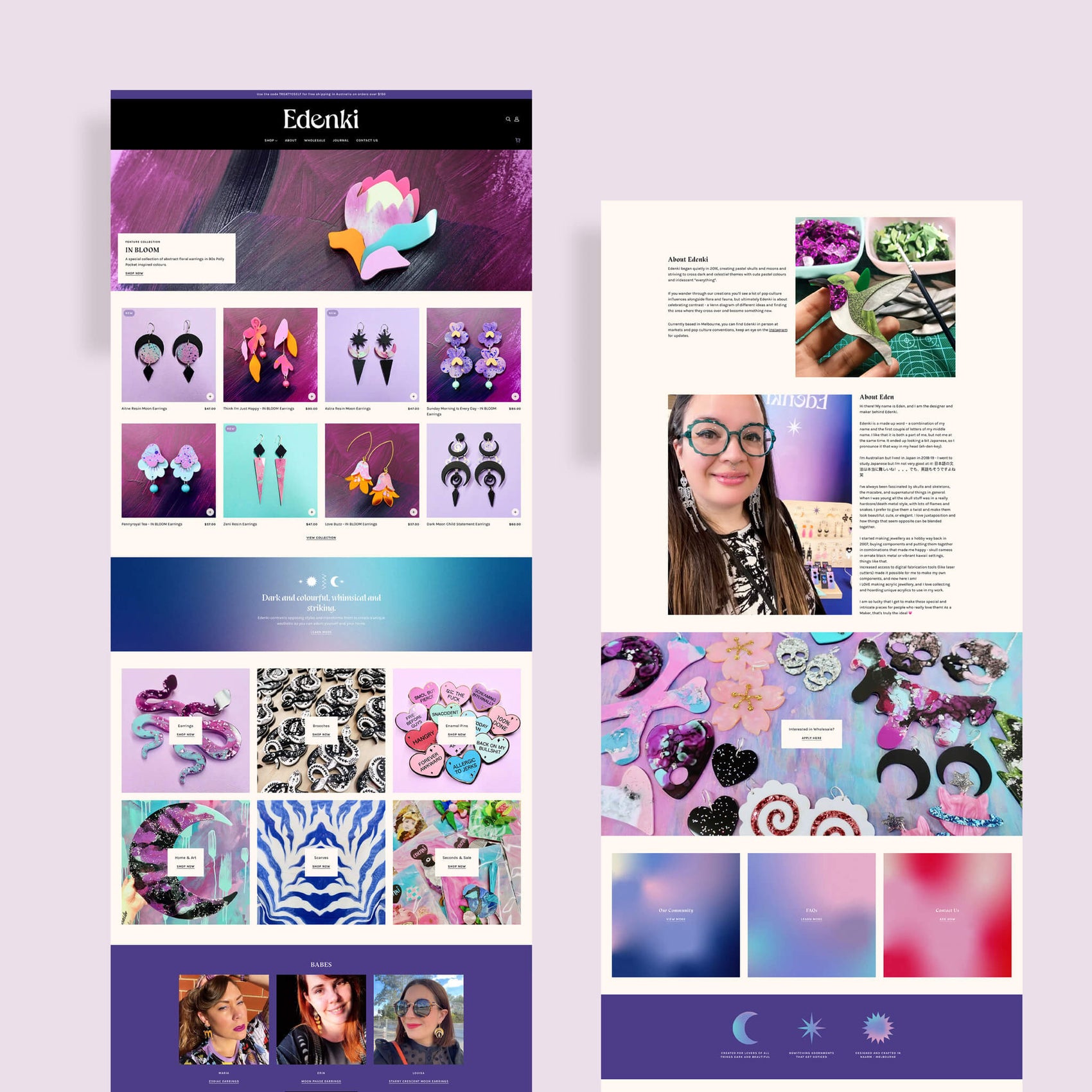 Jewellery brand identity case study image of Edenki’s homepage of their Shopify website. The layout features many sections and showcases the bright brand colours and consistent photographic style. 