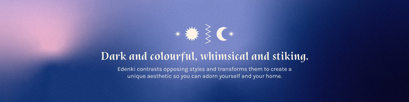 A Brand design portfolio mockup that shows the Edenki brand seal as well as a statement about the brand. The typography is set on white on top of a deep purple gradient background. 