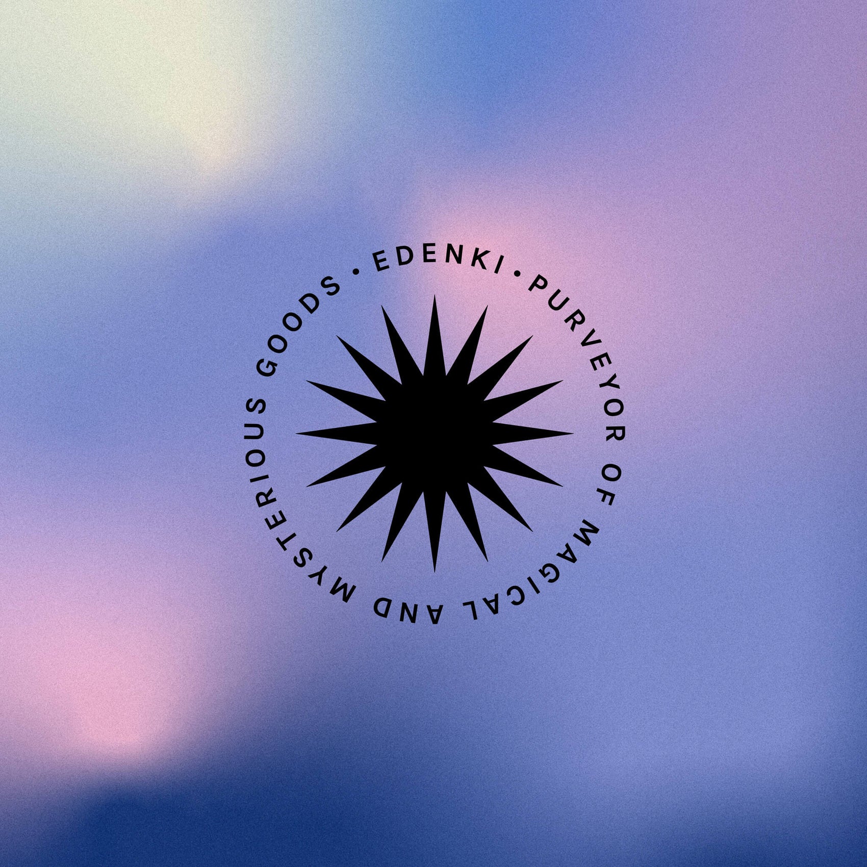 Rebranding jeweller case study image of an Edenki supporting mark. A sun icon with the words “purveyor of magical and mystical goods’ circling around it sits on top of a grainy pink and purple gradient.
