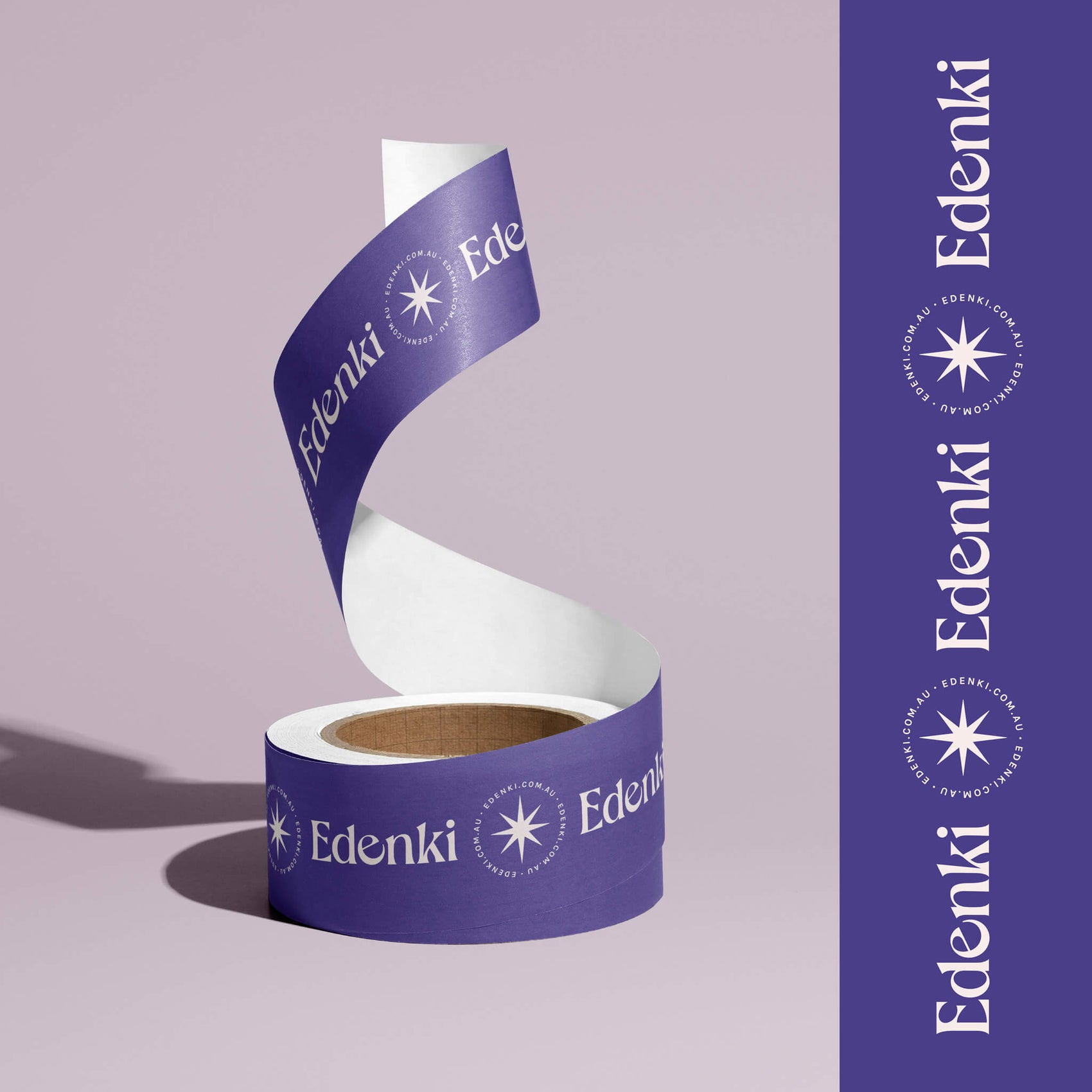 Jeweller Brand identity case study image showcasing the Edenki custom tape design. On a deep purple background, the brand logo and supporting icon alternate.