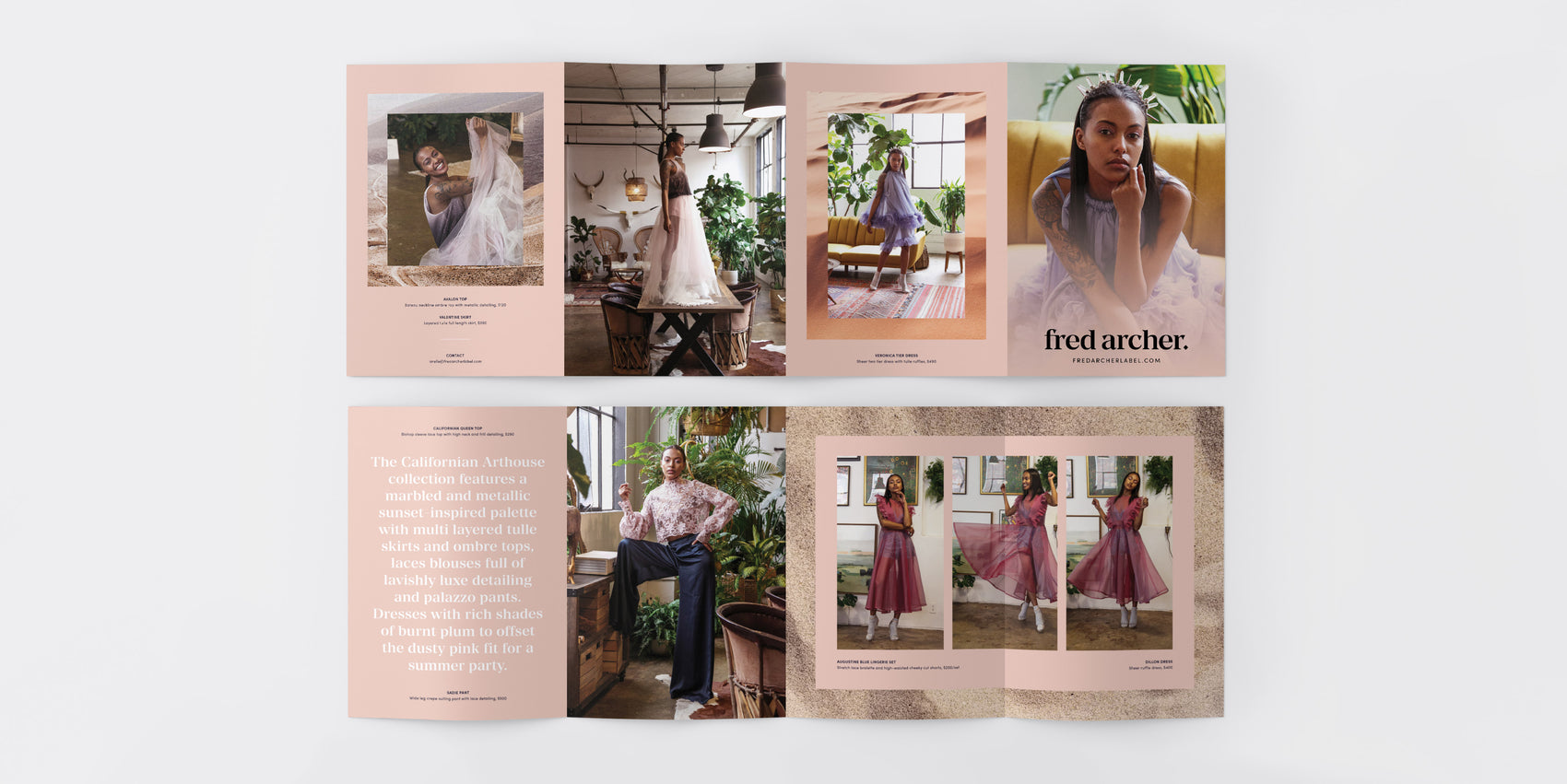Fashion brand designer portfolio image of the Fred Archer lookbooks on a grey background. The concertina style documents feature lush campaign photography and nature inspired textures. 