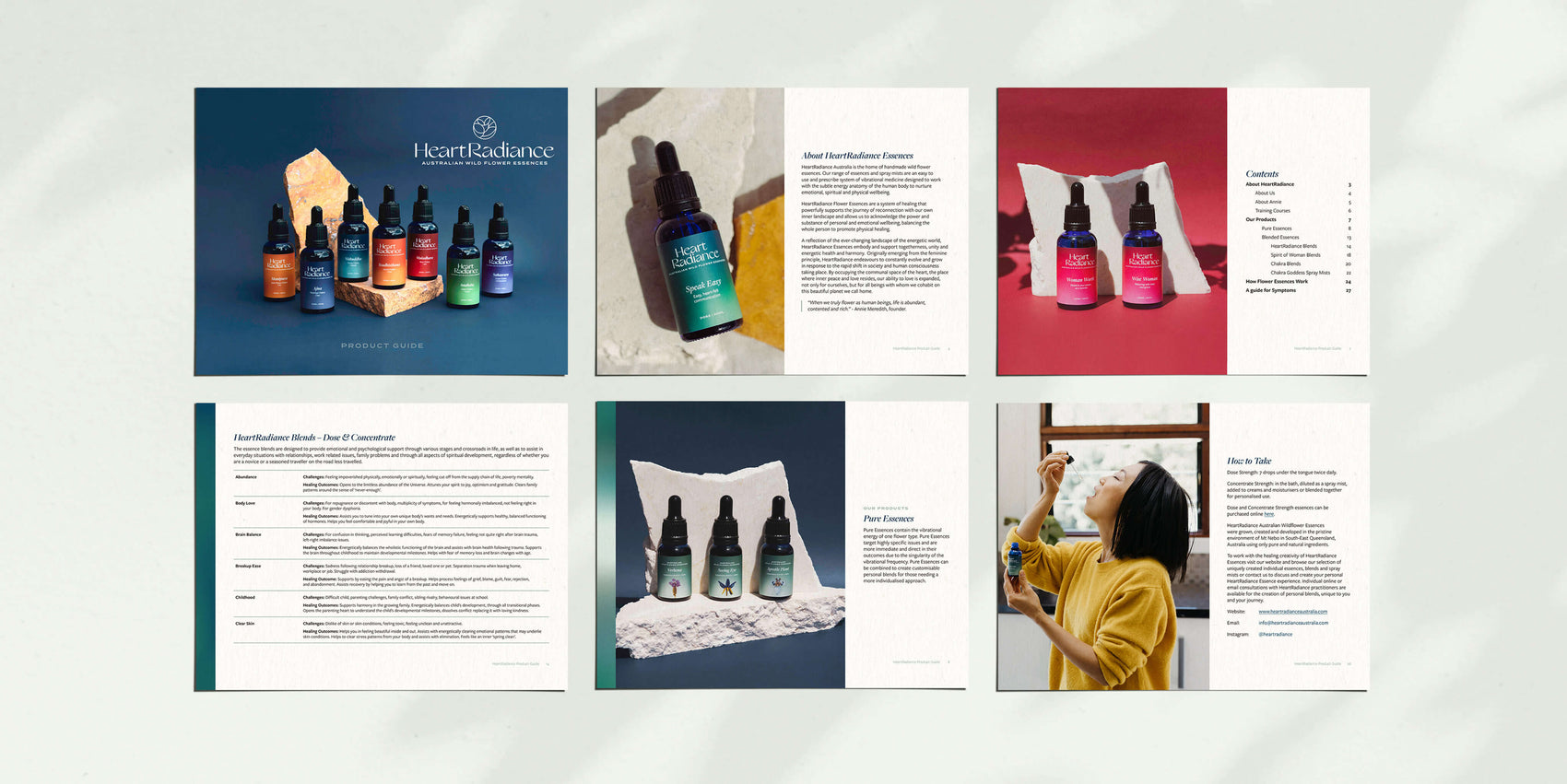 Brand design portfolio image of the HeartRadiance product guide PDF. The document design celebrated the brand’s photography alongside simple gradients and typesetting. 