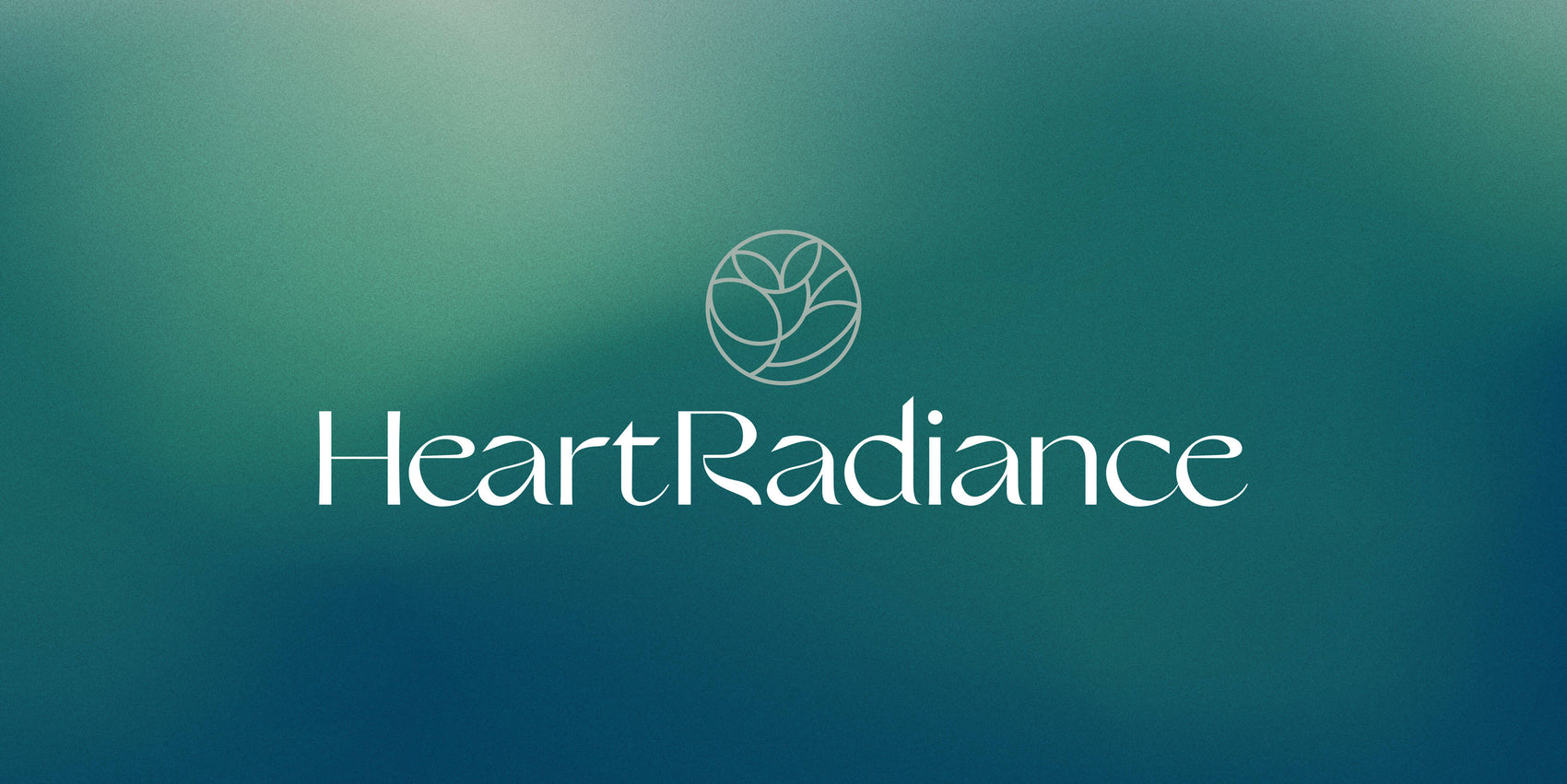 Brand design portfolio image of a green and blue hazy gradient with the HeartRadiance logo on top of it in cream. An elegant semi-serif typeface is used in the logotype while a floral-esque circle icon appears in green above.