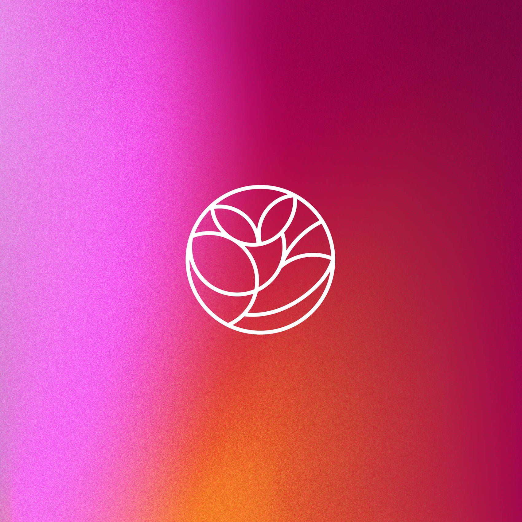 Rebranding case study image of a rich purple, pink and yellow gradient with the HeartRadiance brand icon in white. The mark features curvy lines resembling a flower contained in a circle shape. 