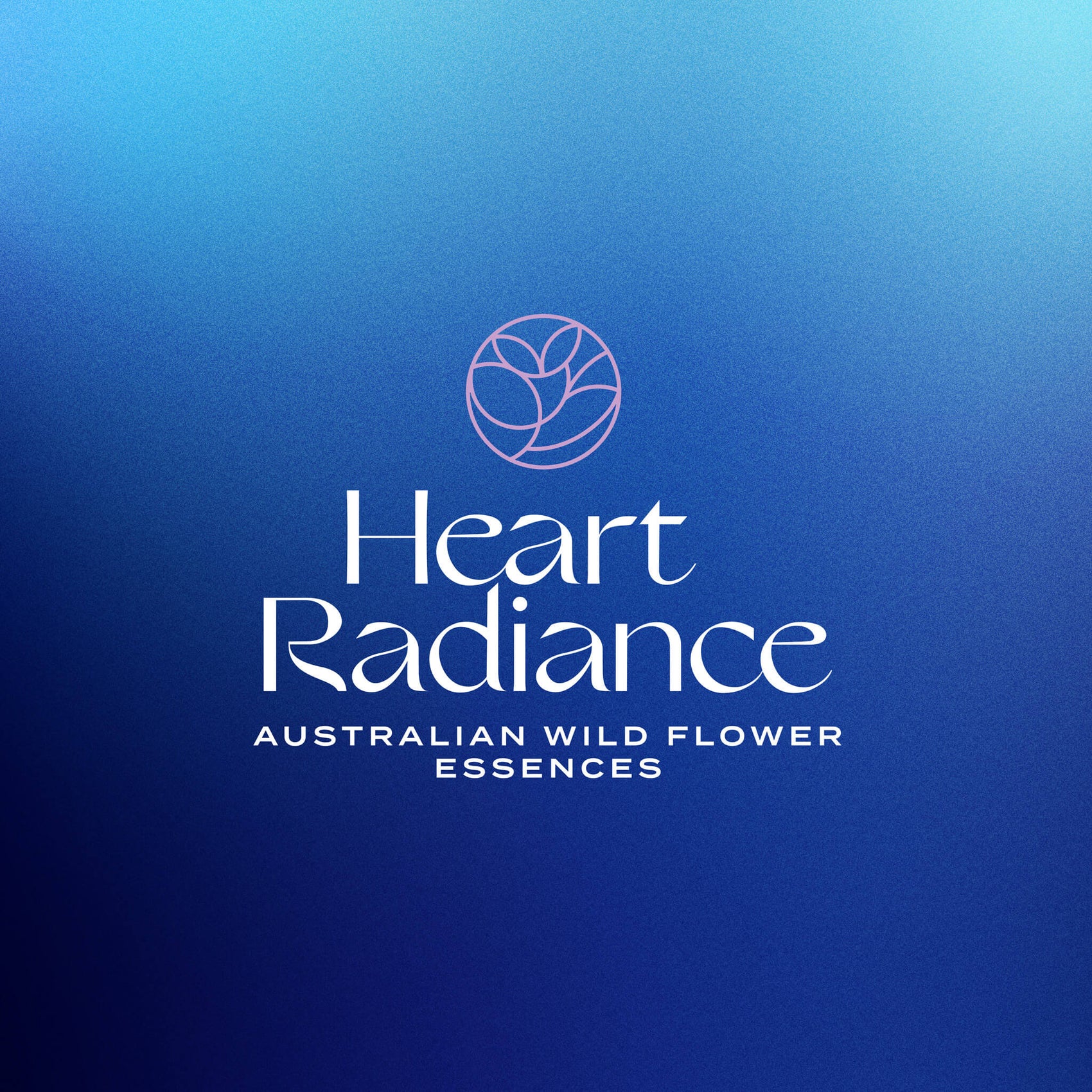 Rebranding case study image of a bright blue gradient with the full HeartRadiance logo in white and lilac. The icon features a curvy geometric flower and the letterforms feature elegant serif details. 