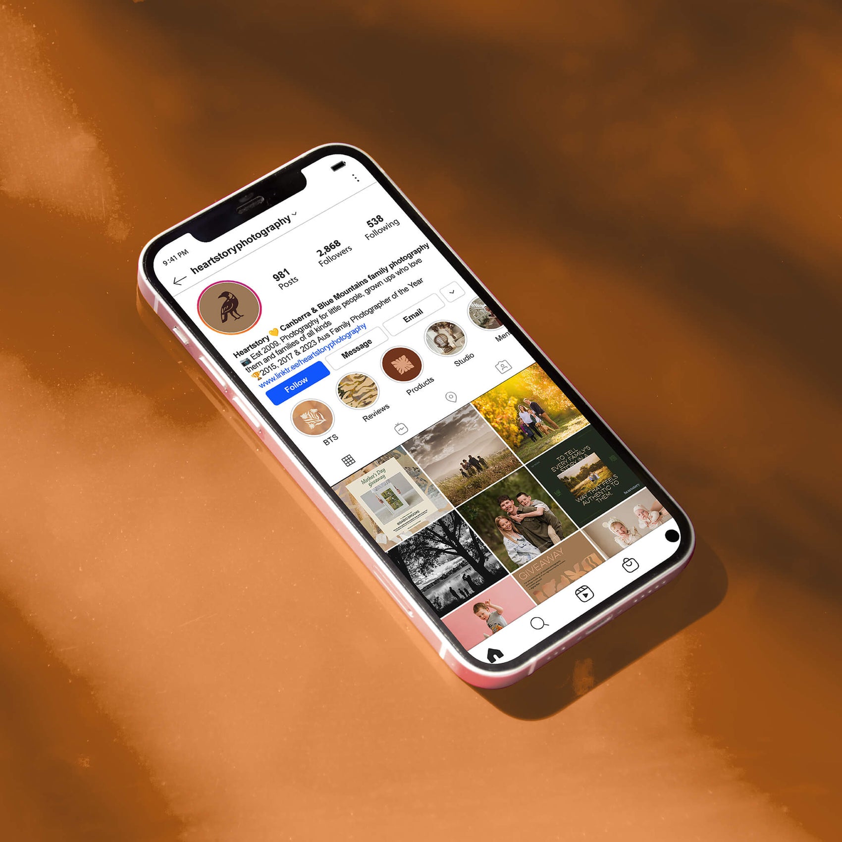 Photography brand identity case study image showing the Heartstory family photographer instagram feed. On a warm tan background sits an iphone showcasing a mix of heartstory client images and the retro inspired social media post designs. 